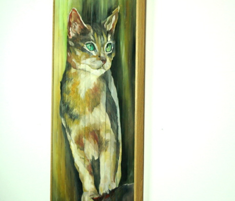 Kipprelief Katze - Öl auf Holz